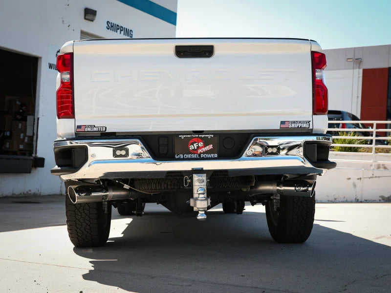 aFe Large Bore-HD 4in 409SS DPF-Back Exhaust System w/Polished Tips 20 GM Diesel Trucks V8-6.6L - Side View