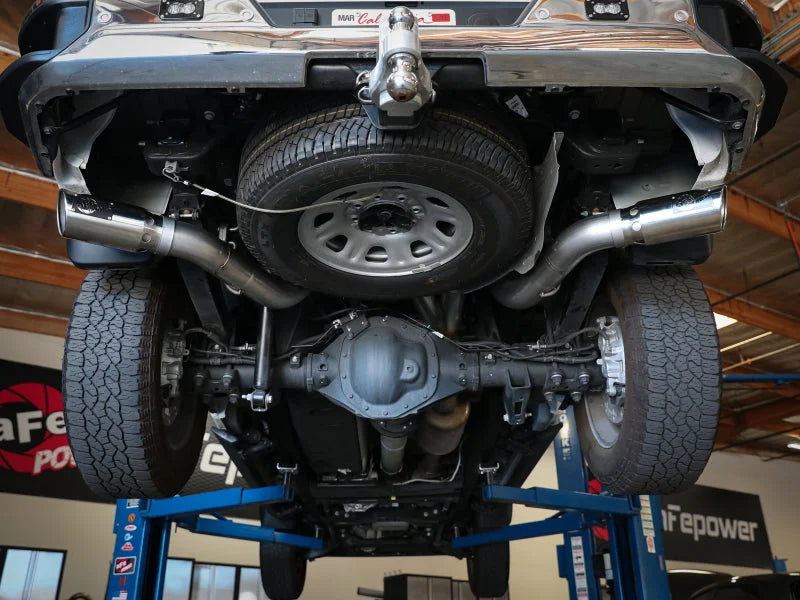 aFe Large Bore-HD 4in 409SS DPF-Back Exhaust System w/Polished Tips 20 GM Diesel Trucks V8-6.6L - Back View