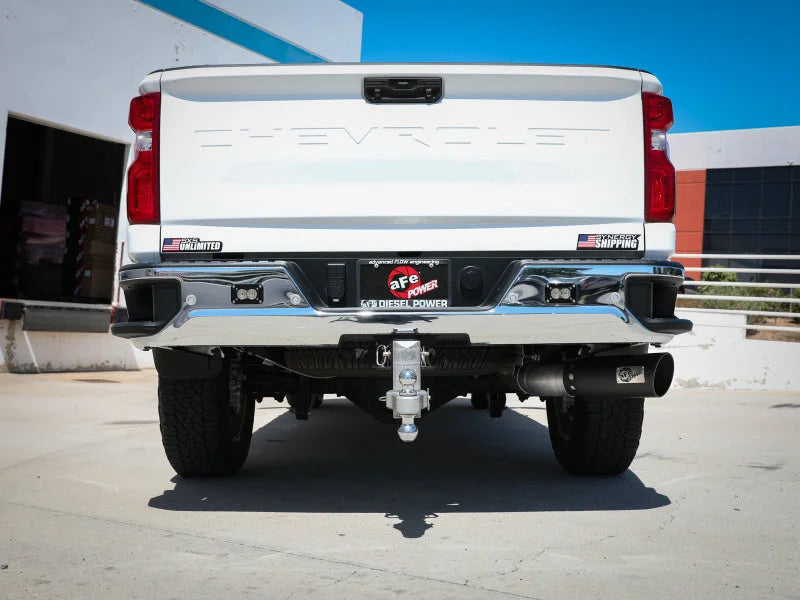 aFe Large Bore-HD 5 IN 409 SS DPF-Back Exhaust System w/Black Tip 20-21 GM Truck V8-6.6L - Side View