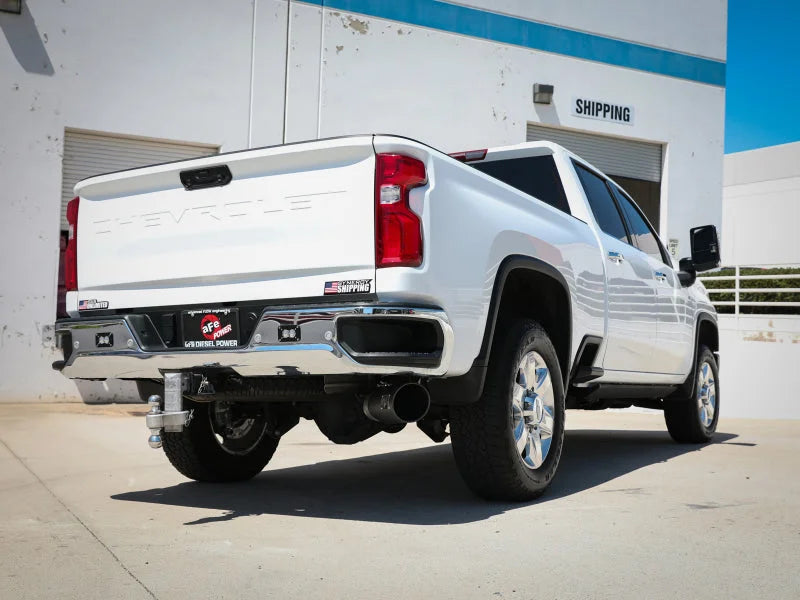 aFe Large Bore-HD 5 IN 409 SS DPF-Back Exhaust System w/Black Tip 20-21 GM Truck V8-6.6L - Back View