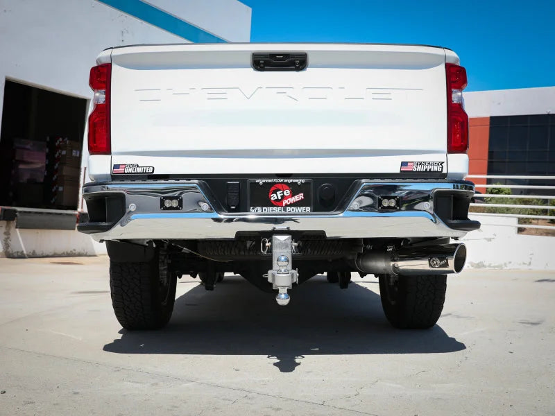 aFe Large Bore-HD 5 IN 409 SS DPF-Back Exhaust System w/Polished Tip 20-23 GM Truck V8-6.6L - Side View