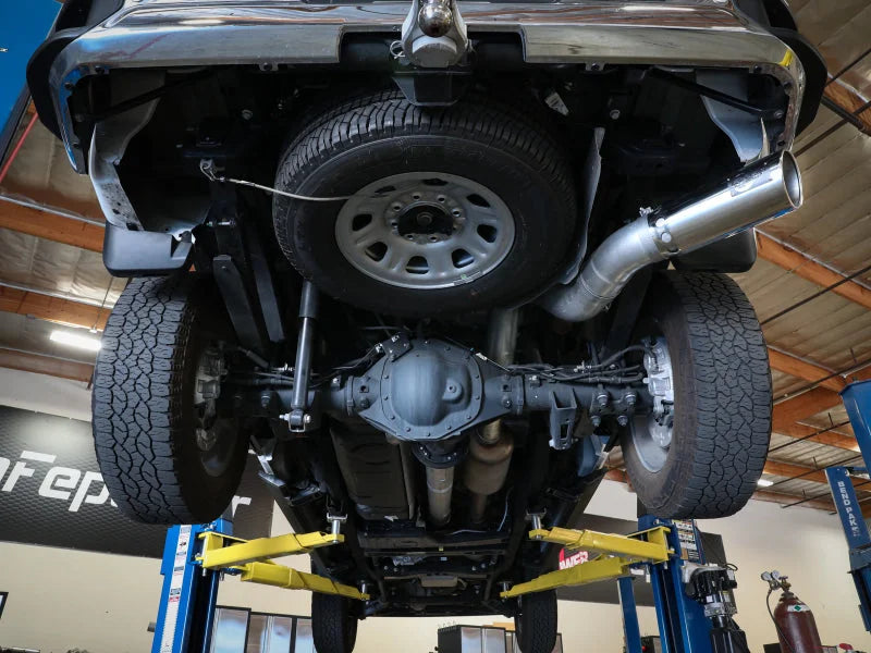 aFe Large Bore-HD 5 IN 409 SS DPF-Back Exhaust System w/Polished Tip 20-23 GM Truck V8-6.6L - Back View