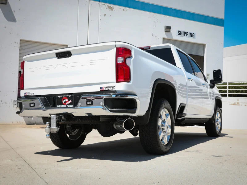 aFe Large Bore-HD 5 IN 409 SS DPF-Back Exhaust System w/Polished Tip 20-23 GM Truck V8-6.6L - Installation View