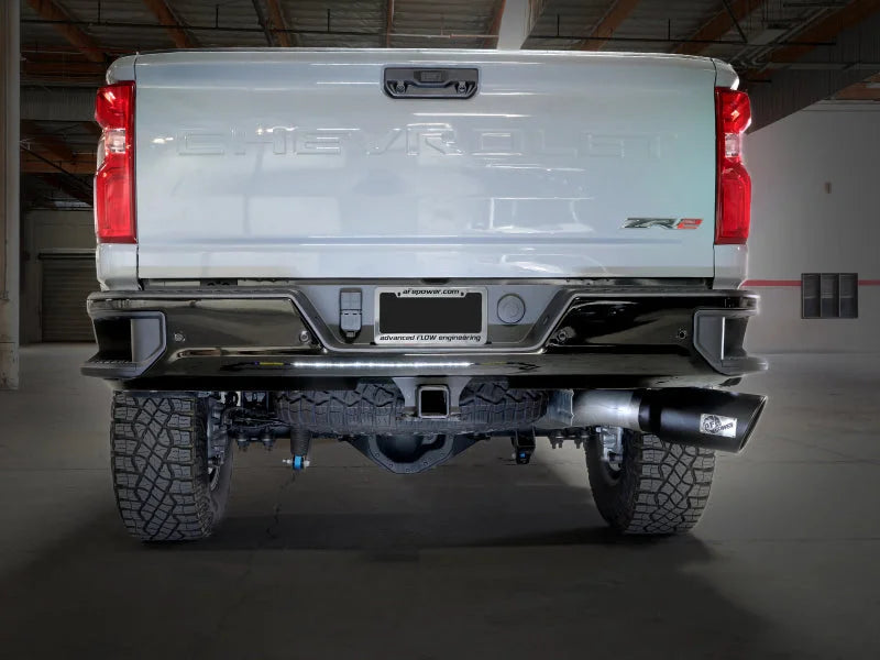 aFe Large Bore-HD 5in 409SS DPF-Back Exhaust System w/Blk Tip 24-25 GM Diesel Trucks V8-6.6L(td) L5P - Back View