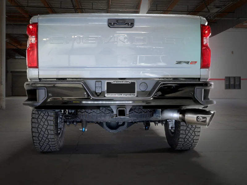 aFe Large Bore-HD 5in 409SS DPF-Back Exhaust System w/Pol Tip 24-25 GM Diesel Trucks V8-6.6L(td) L5P - Side View