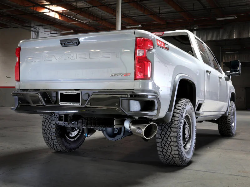 aFe Large Bore-HD 5in 409SS DPF-Back Exhaust System w/Pol Tip 24-25 GM Diesel Trucks V8-6.6L(td) L5P - Back View