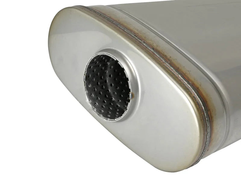 aFe MACH Force XP 304 Stainless Steel Muffler 2.5in Center/Offset 18in L x 9in W x 4in H - Side View