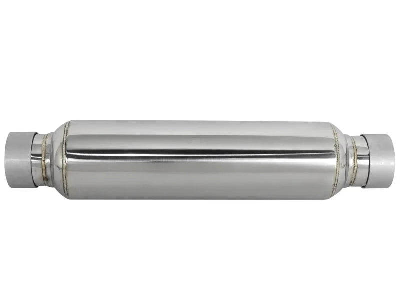 aFe MACH Force-Xp 304 Stainless Steel Resonator 2.5in Inlet/Outlet x 4in Dia x 15in Body x 19in L - Back View