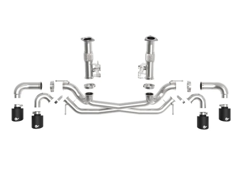 aFe MACH Force-Xp 3in to 2-1/2in 304SS Cat-Back (No Muff.) 2020 Chevy Corvette (C8) 6.2L - Black Tip - Back View