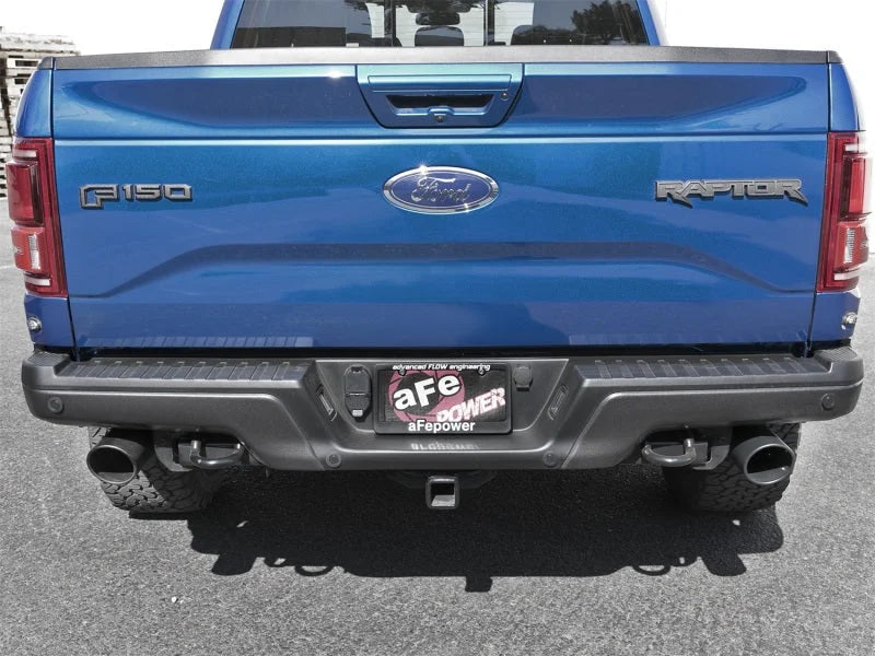aFe MACH Force-Xp 3in to 3-1/2in 304 SS Cat-Back Exhaust w/Black Tip 17-18 Ford F-150 Raptor V6 3.5L - Back View