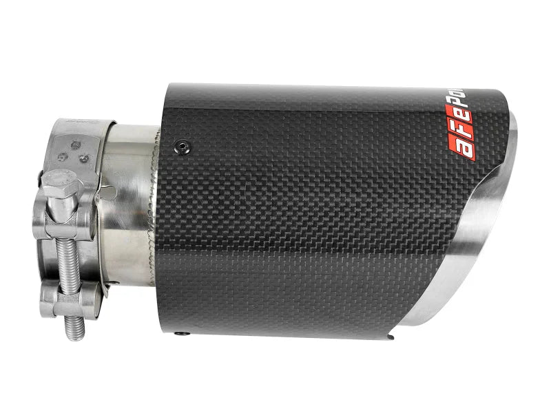 aFe MACH Force-Xp 409 SS Clamp-On Exhaust Tip 2.5in. Inlet / 4in. Outlet / 7in. L - Carbon - Installation View