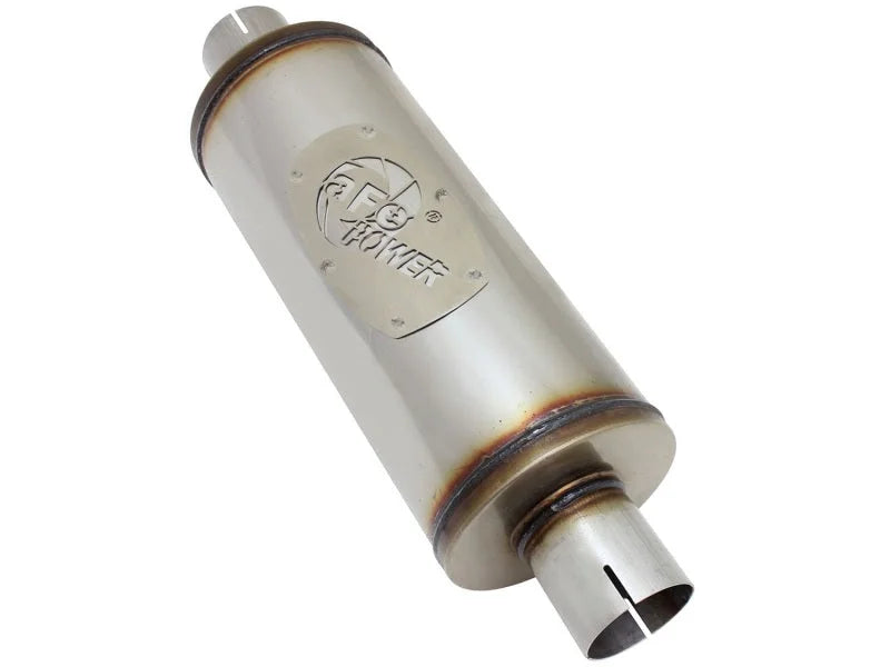 aFe MACH Force-Xp 409 SS Muffler 2-1/2in Center/Center 14in L X 6in Dia - Round Body - Back View