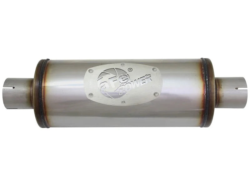 aFe MACH Force-Xp 409 SS Muffler 2-1/2in Center/Center 14in L X 6in Dia - Round Body - Installation View