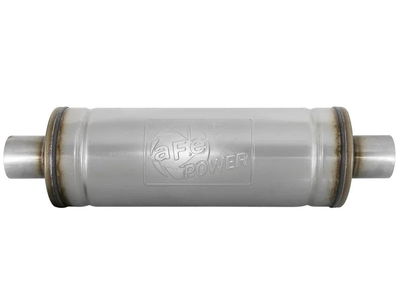 aFe MACH Force-Xp 409 SS Muffler 2.5in Center/Center 18in L x 6in Dia - Round Body - Side View