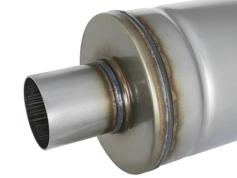 aFe MACH Force-Xp 409 SS Muffler 2.5in Center/Center 18in L x 6in Dia - Round Body - Installation View