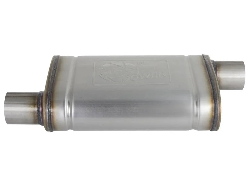 aFe MACH Force-Xp 409 SS Muffler 2.5in Offset Inlet/2.5in Offset Outlet 14in L x 9in W x 4in H Body - Back View