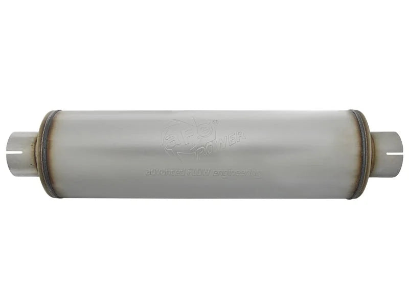 aFe MACH Force-Xp 409 SS Muffler 3-1/2in ID Center/Center x 7in Dia x 24in L - Round Body - Side View