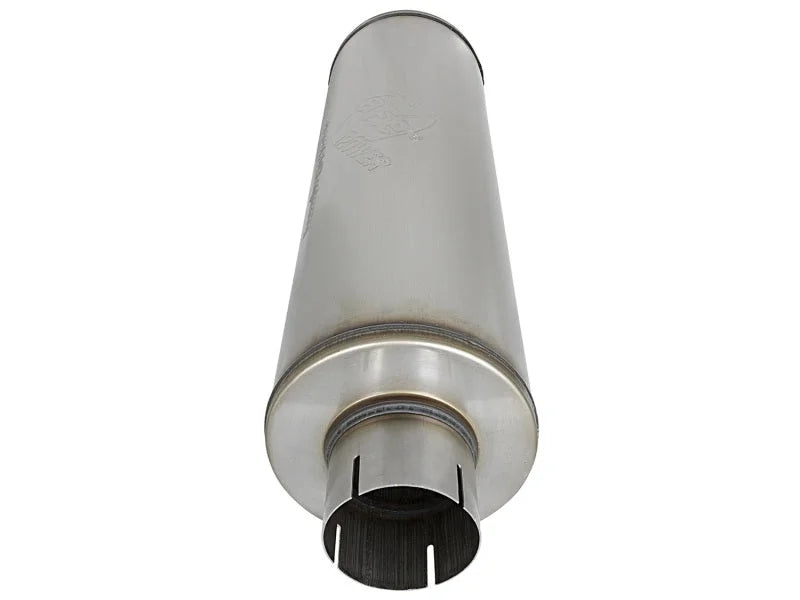 aFe MACH Force-Xp 409 SS Muffler 3-1/2in ID Center/Center x 7in Dia x 24in L - Round Body - Back View