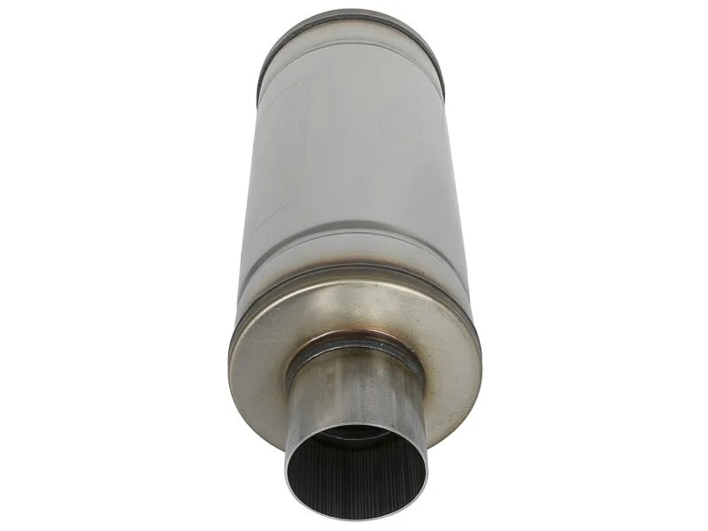 aFe MACH Force-Xp 409 SS Muffler 3in Center/Center 14in L x 6in Dia - Round Body - Side View