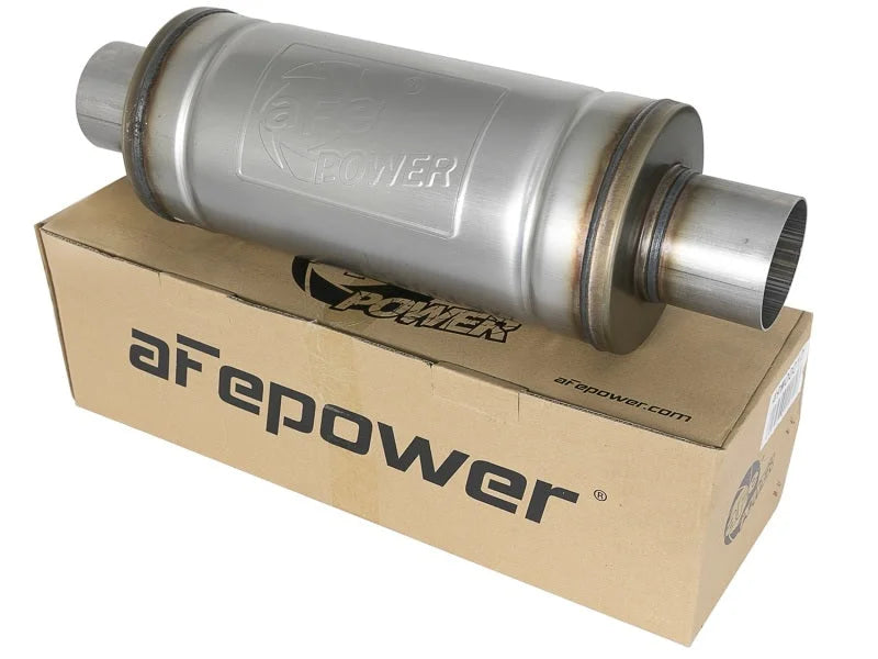 aFe MACH Force-Xp 409 SS Muffler 3in Center/Center 14in L x 6in Dia - Round Body - Back View