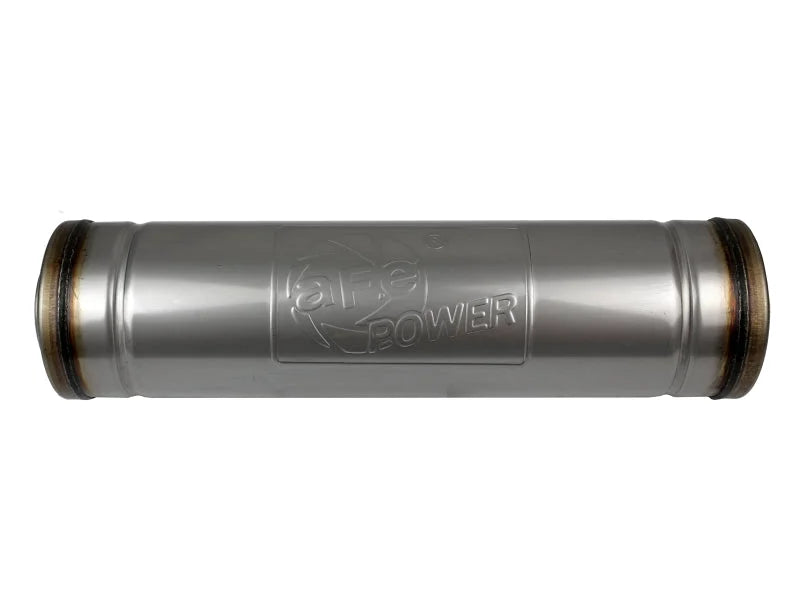 aFe MACH Force-Xp 409 SS Muffler 3in Center/Center 18in L X 5in Dia - Round Body - Back View