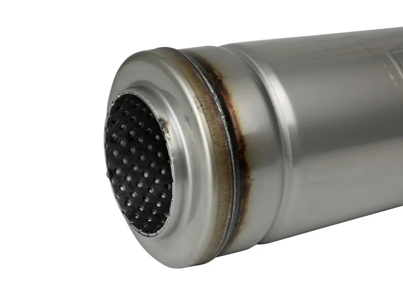 aFe MACH Force-Xp 409 SS Muffler 3in Center/Center 18in L X 5in Dia - Round Body - Installation View