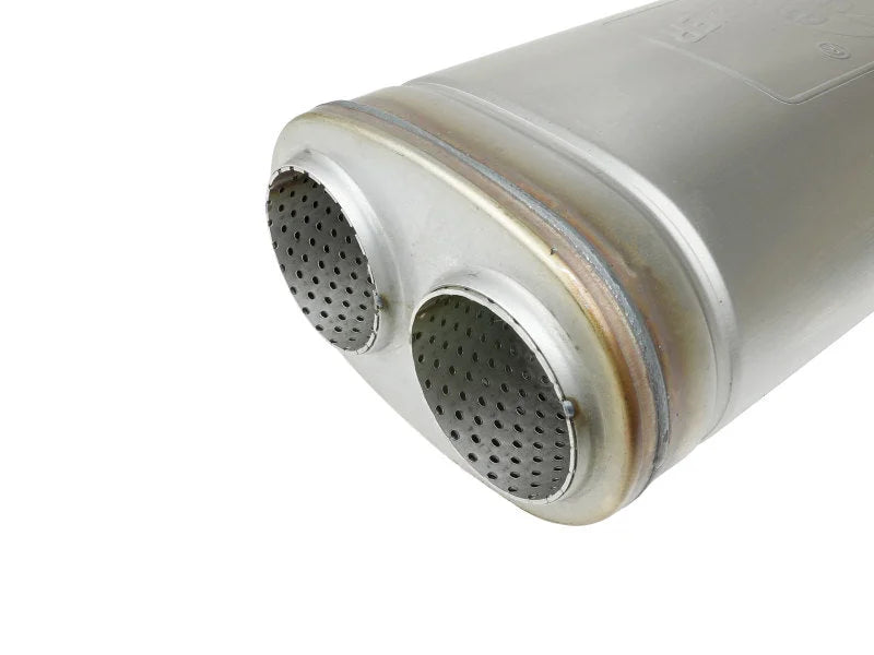 aFe MACH Force-Xp 409 SS Muffler 3in Dual Inlet/Dual Outlet 5in H x 8in W x 18in L - Oval Body - Side View