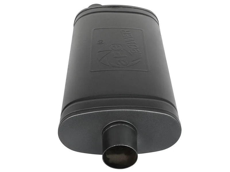 aFe MACH Force-Xp 409 SS Muffler w/ Black Finish 3in Center/Offset 22in L x 11in x 5in - Oval Body - Side View