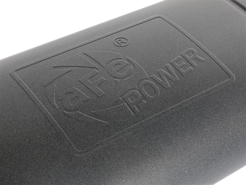 aFe MACH Force-Xp 409 SS Muffler w/ Black Finish 3in Center/Offset 22in L x 11in x 5in - Oval Body - Back View