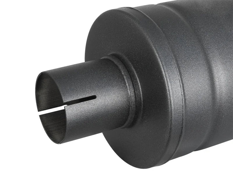 aFe MACH Force-Xp 409 SS Muffler w/ Black finish 2-1/2in Inlet & Oulet 14in x 16in Diameter - Side View