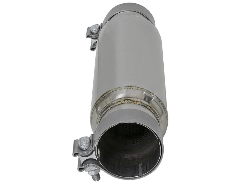aFe MACH Force-Xp 409 SS Resonator 3in. Inlet/Outlet / 4in. Diameter / 12in. Body / 16in. Length - Back View