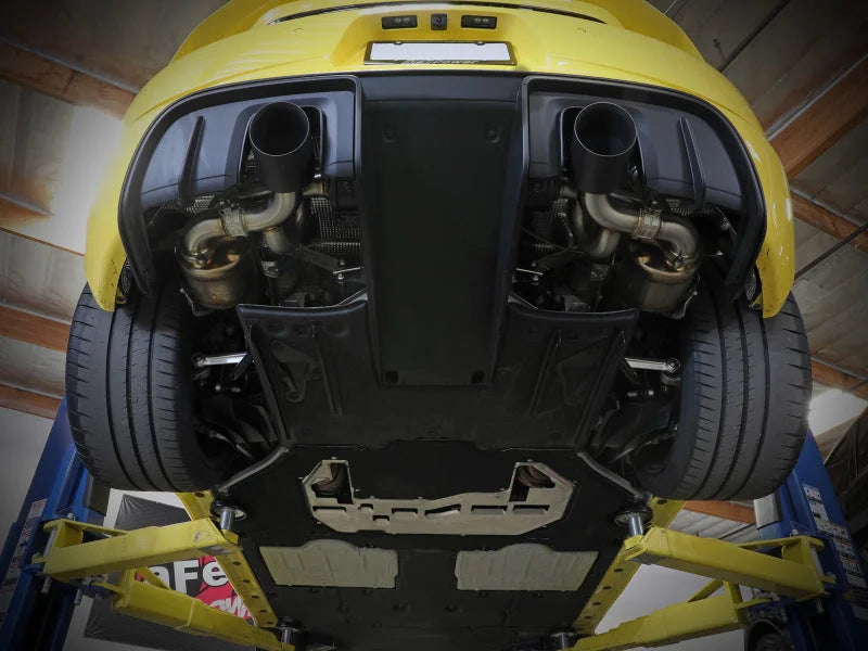 aFe MACHForce XP 2.25in-2.5in 304SS Exhaust Cat-Back 20-22 Porsche Cayman GT4 (718) - Carbon Tips - Side View