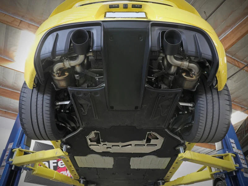aFe MACHForce XP 2.25in-2.5in 304SS Exhaust Cat-Back 20-22 Porsche Cayman GT4 (718) - Polished Tips - Side View
