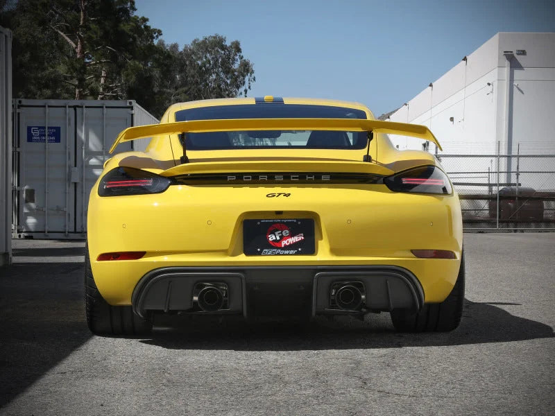 aFe MACHForce XP 2.25in-2.5in 304SS Exhaust Cat-Back Porsche 20-22 Cayman GT4(718) 4.0L - Black Tips - Back View