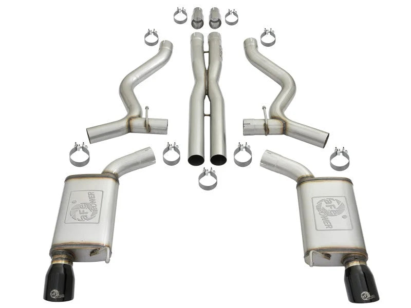 aFe MACHForce XP 3in 304 SS Cat-Back Exhausts w/ Black Tips 15-17 Ford Mustang GT V8-5.0L/V6-3.7L - Side View