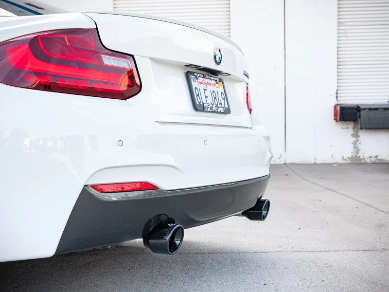 aFe MACHForce XP 3in to 2.5in 304 SS Axle-Back Exhaust w/ Black Tips 14-16 BMW M235i - Side View