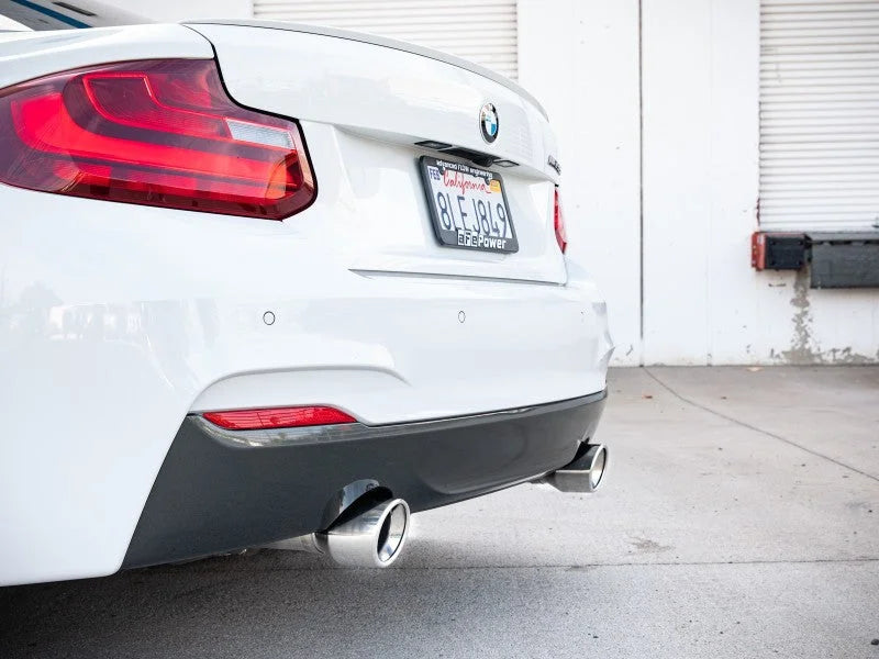 aFe MACHForce XP 3in to 2.5in 304 SS Axle-Back Exhaust w/ Polished Tips 14-16 BMW M235i - Side View