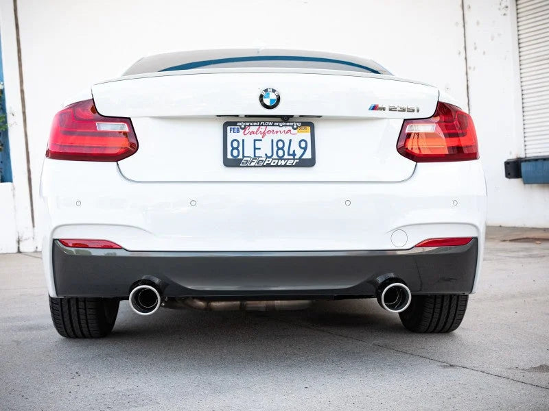 aFe MACHForce XP 3in to 2.5in 304 SS Axle-Back Exhaust w/ Polished Tips 14-16 BMW M235i - Back View