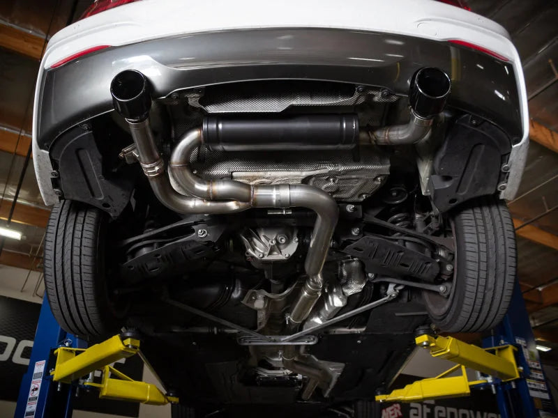 aFe MACHForce XP 3in to 2.5in 304 SS Cat-Back Exhaust w/ Polished Tips 14-16 BMW M235i - Back View