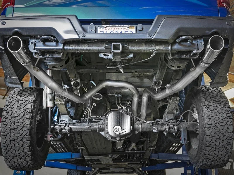 aFe MACHForce-XP 3in to 3-1/2in 304 SS Cat-Back Exhaust w/Polished Tips 17-18 Ford F-150 Raptor 3.5L - Back View