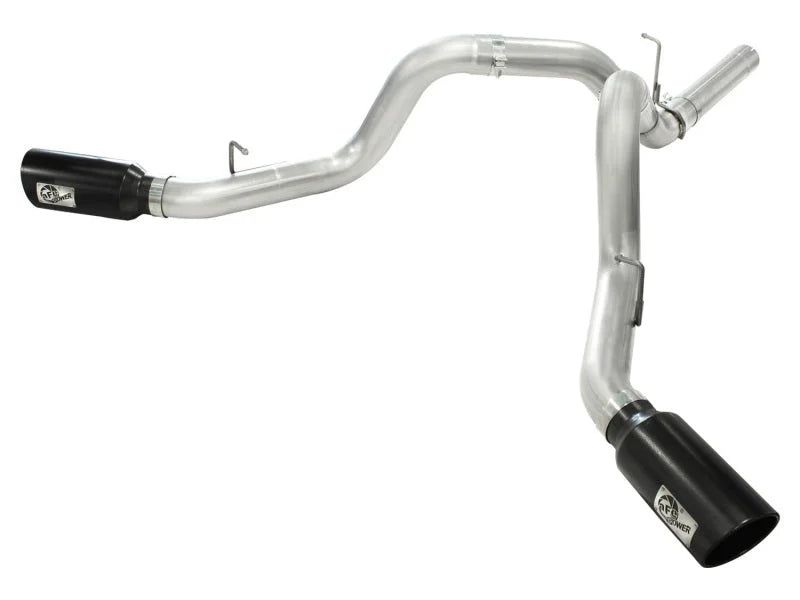 aFe MACHForce XP Exhaust Aluminized Dual Split DPF Back 11-15 GM Diesel Truck V8-6.6L (td) (BLK tip) - Main Product View