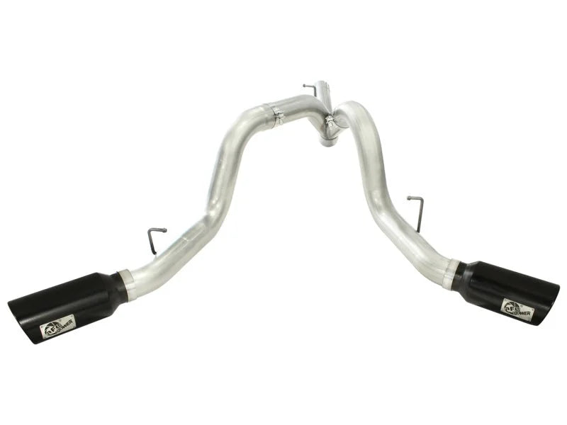 aFe MACHForce XP Exhaust Aluminized Dual Split DPF Back 11-15 GM Diesel Truck V8-6.6L (td) (BLK tip) - Back View