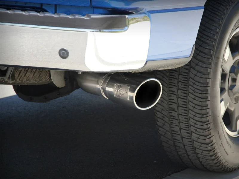 aFe MACHForce XP Exhaust Cat-Back SS-409 4in Polished Tip 11-12 Ford F-150 EcoBoost V6-3.5L (tt) - Side View