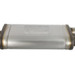 Load image into Gallery viewer, aFe MACHForce XP SS Muffler 2.5in Center Inlet / 2.5in Dual Outlets 18in L x 9in W x 4in H Body - Side View