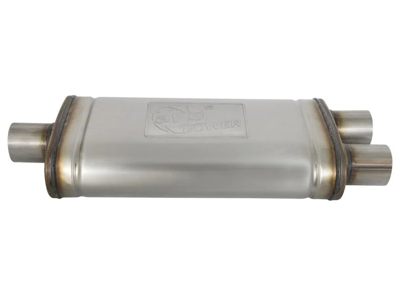 aFe MACHForce XP SS Muffler 2.5in Center Inlet / 2.5in Dual Outlets 18in L x 9in W x 4in H Body - Side View