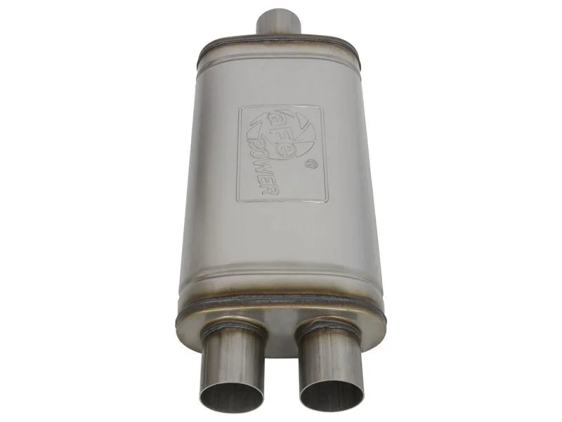 aFe MACHForce XP SS Muffler 2.5in Center Inlet / 2.5in Dual Outlets 18in L x 9in W x 4in H Body - Installation View