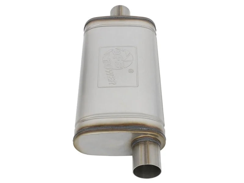 aFe MACHForce XP SS Muffler 2.5in Center Inlet / 2.5in Offset Outlet 18in L x 9in W x4in H Body - Back View