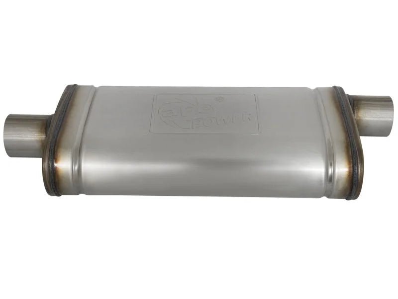 aFe MACHForce XP SS Muffler 2.5in Center Inlet / 2.5in Offset Outlet 18in L x 9in W x4in H Body - Installation View