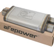 Load image into Gallery viewer, aFe MACHForce XP SS Muffler 3in Center Inlet / 2.5in Dual Outlets 18in L x 9in W x4in H Body - Main Product View