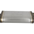 Load image into Gallery viewer, aFe MACHForce XP SS Muffler 3in Center Inlet / 2.5in Dual Outlets 18in L x 9in W x4in H Body - Side View